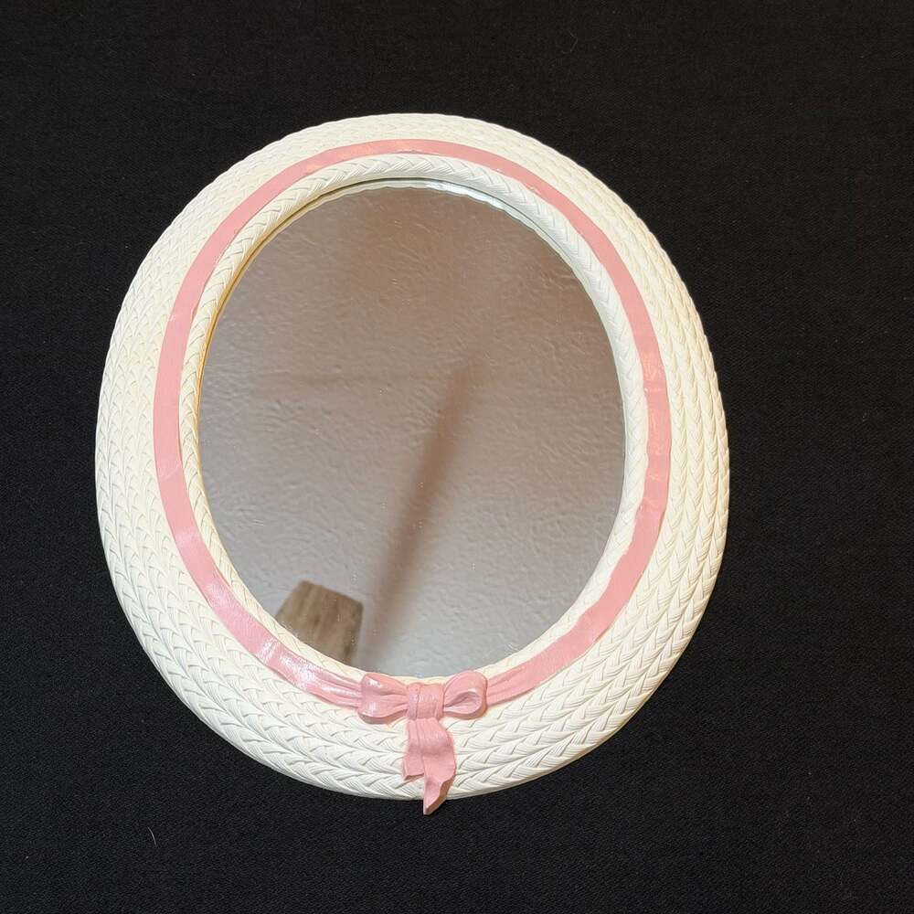 Vintage Burwood Oval Faux Wicker Plastic Wall Mirror with Pink Bow
